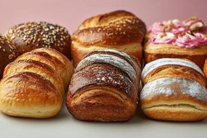 Freshly Baked Artisan Bread Loaves Assorted Varieties on Display with Pink Background photo