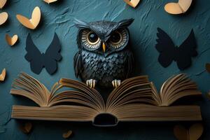 Intricate Paper Art of an Owl on an Open Book with Heart and Butterfly Cutouts on a Textured Background photo