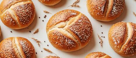 Freshly Baked Sesame Seed Bread Rolls on White Background with Wheat Sprigs photo