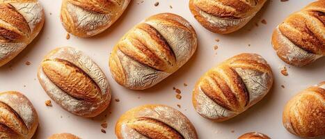 Freshly Baked Artisan Bread Loaves Arranged in a Pattern on a Light Background photo