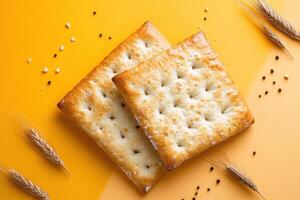Close-Up of Two Golden Crackers with Wheat and Seeds on a Vibrant Yellow Background photo