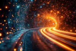 Futuristic Neon Light Tunnel with Glowing Orange and Blue Lights Creating a Dynamic and Energetic Pathway photo
