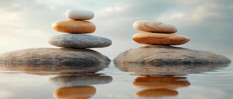 Tranquil Zen Stone Stacks on Calm Water Surface with Soft Reflections and Serene Sky Background photo