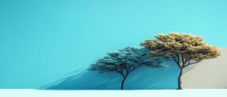 Two Trees Against a Minimalist Blue and Beige Background with Long Shadows in a Modern Art Style photo