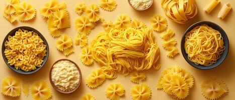 Various Types of Uncooked Pasta Arranged on a Yellow Background with Bowls of Grated Cheese photo