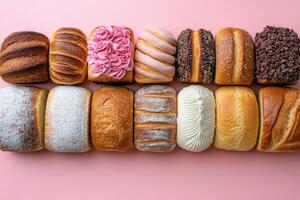 Assorted Artisan Bread Loaves on Pink Background - Variety of Freshly Baked Bread with Different Toppings and Textures photo