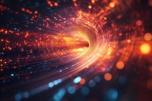 Abstract Digital Tunnel with Glowing Lights and Futuristic Energy Flow in a Vivid Colorful Background photo