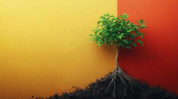Small Green Plant with Exposed Roots Against Vibrant Yellow and Red Background photo
