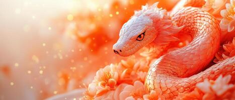 Vibrant Orange Dragon Among Blossoming Flowers with Sparkling Particles in a Dreamlike Fantasy Setting photo