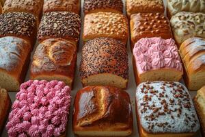 Assorted Freshly Baked Bread Loaves with Various Toppings Arranged in Rows photo