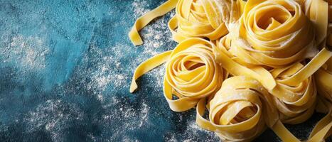 Fresh Homemade Tagliatelle Pasta on a Rustic Blue Background with Flour Dusting photo