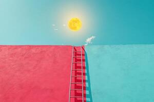 Surreal Image of a Ladder Connecting Two Colorful Walls Under a Bright Sun photo