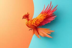 Vibrant Phoenix Bird with Colorful Feathers in Flight Against a Dual-Tone Background photo