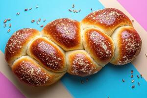 Freshly Baked Braided Bread Loaf with Oats on Colorful Background - Perfect for Bakery and Food Photography photo