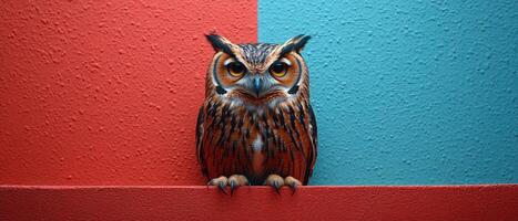 Close-up of a Majestic Owl Perched Against a Vibrant Red and Blue Background photo
