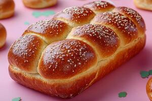 Freshly Baked Braided Bread Loaf with Sesame Seeds on Pink Background photo