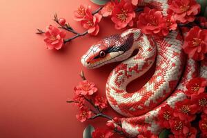 Vibrant Red and White Snake Among Red Blossoms on a Soft Red Background photo