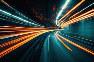 Dynamic Light Trails in a Futuristic Tunnel at Night Capturing Speed and Motion photo