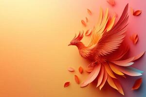 Vibrant Paper Art Phoenix on Gradient Background with Falling Leaves in Warm Tones photo