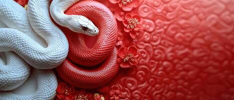 White and Red Snakes Coiled Together with Red Floral Background - Symbolic and Artistic Representation photo