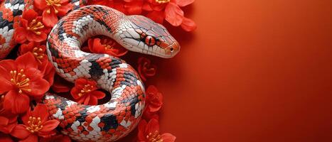 Vibrant Red and White Snake Among Red Flowers on a Bold Red Background photo