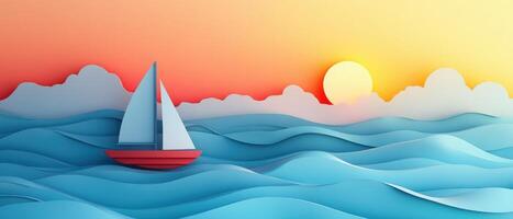 Colorful Paper Art Sailboat on Ocean Waves with Sunset Background photo