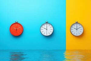 Vibrant Modern Clocks on Colorful Background with Water Reflection - Conceptual Time Management Image photo