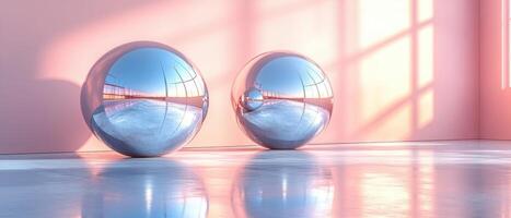 Modern Minimalist Interior with Reflective Spheres and Soft Pink Lighting in a Sunlit Room photo