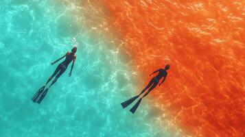 Aerial View of Two Snorkelers in Vibrant Blue and Orange Waters, Capturing the Beauty of Marine Adventure photo