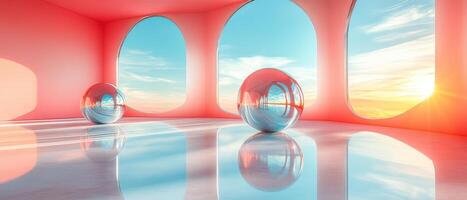 Modern Minimalist Interior with Large Windows and Reflective Spheres at Sunset photo