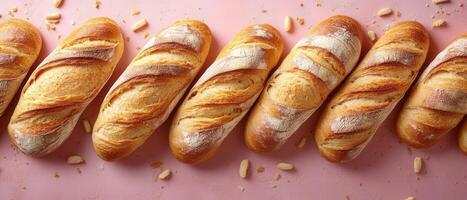 Freshly Baked French Baguettes on Pink Background with Crumbs and Almonds, Perfect for Bakery and Culinary Themes photo