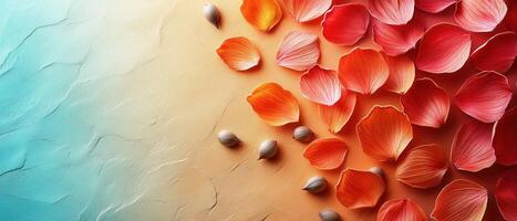 Vibrant Petals and Seeds on Textured Background with Gradient Colors of Blue and Orange photo