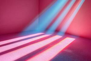 Abstract Sunlight Beams Through Window Casting Colorful Shadows in Minimalist Pink Room photo