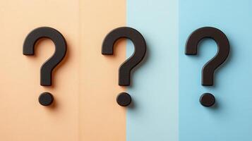 Three Black Question Marks on a Split Peach and Blue Background, Symbolizing Uncertainty and Inquiry photo