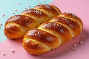 Freshly Baked Sweet Brioche Buns on a Pastel Background with Decorative Sprinkles photo