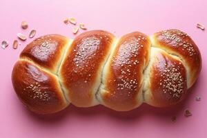 Freshly Baked Braided Bread Loaf with Sesame Seeds on a Pink Background photo