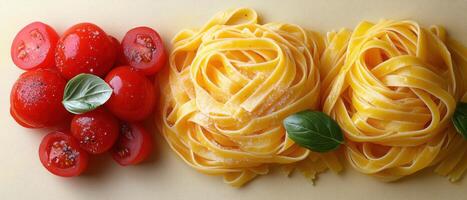 Fresh Italian Pasta with Cherry Tomatoes and Basil on a Light Background photo