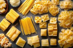Assorted Uncooked Pasta Varieties on Dark Background with Flour and Cheese photo