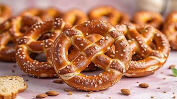 recién horneado suave pretzels con sal en un rosado antecedentes rodeado por Almendras y un pan rebanadas foto