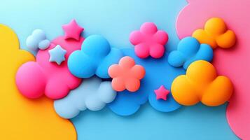 Colorful Abstract 3D Shapes on Pastel Background - Vibrant and Playful Design with Clouds, Stars, and Flowers photo