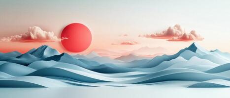 Surreal Landscape with Red Sun and Blue Mountains Under a Pink Sky with Clouds photo