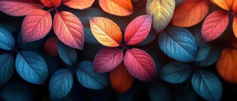 Vibrant Multicolored Leaves in Close-Up with Soft Focus and Artistic Lighting photo