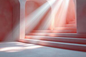 Sunlight Streaming Through Arched Windows in Minimalist Pink Interior with Staircase photo