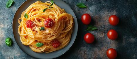 Delicious Spaghetti Pasta with Tomato Sauce and Fresh Basil on Rustic Background photo