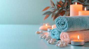 Serene Spa Setting with Rolled Towels, Candles, and Pebbles for Relaxation and Wellness photo