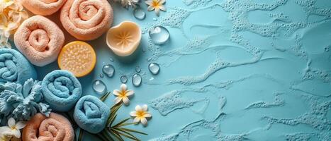 Spa and Wellness Background with Rolled Towels, Soap, Flowers, and Water Droplets on Blue Surface photo