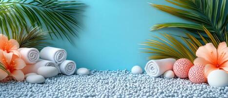 Tropical Spa Setting with Rolled Towels, Hibiscus Flowers, and Palm Leaves on Pebble Background photo
