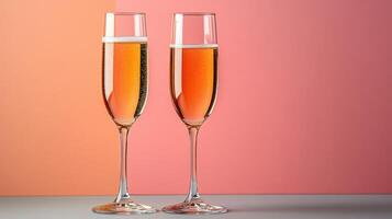 Elegant Champagne Flutes with Sparkling Wine Against a Gradient Pink and Orange Background photo