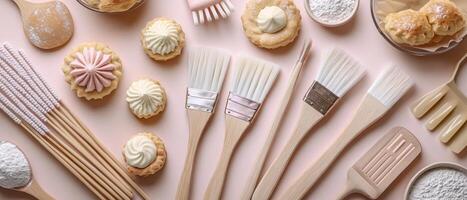 Assorted Baking Tools and Pastries on a Light Pink Background - Culinary and Baking Essentials photo