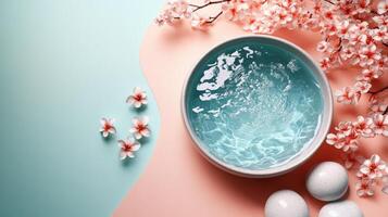 Serene Spa Setting with Water Bowl, Cherry Blossoms, and Smooth Stones on Pastel Background photo